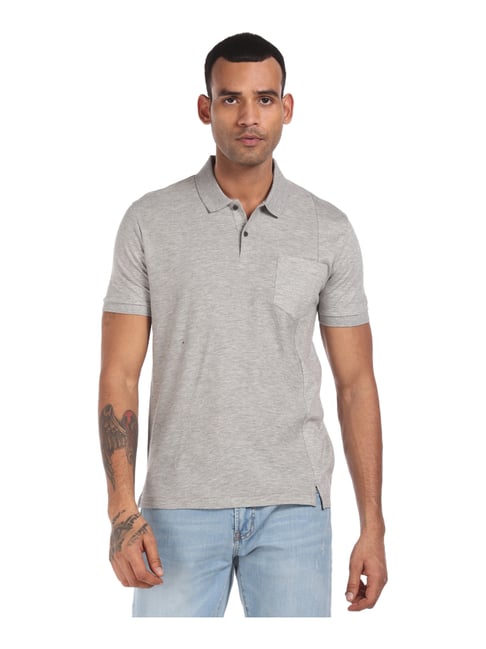 Arrow New York Grey Cotton Regular Fit Self Pattern Polo T-Shirt