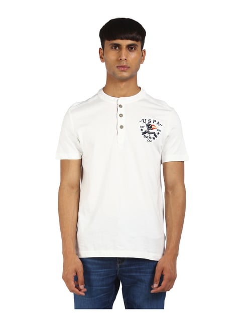 U S Polo Assn U.S. Polo Assn. White Cotton Regular Fit Logo Printed T-Shirt