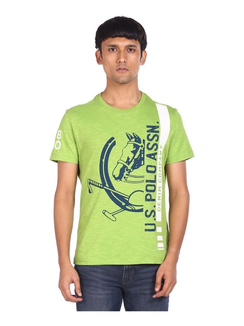 U S Polo Assn U.S. Polo Assn. Light Green Cotton Regular Fit Logo Printed T-Shirt