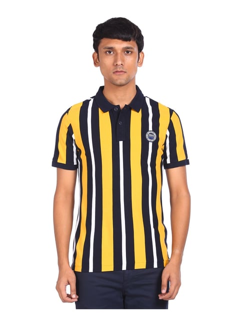 U S Polo Assn U.S. Polo Assn. Yellow & Navy Cotton Regular Fit Striped Polo T-Shirt