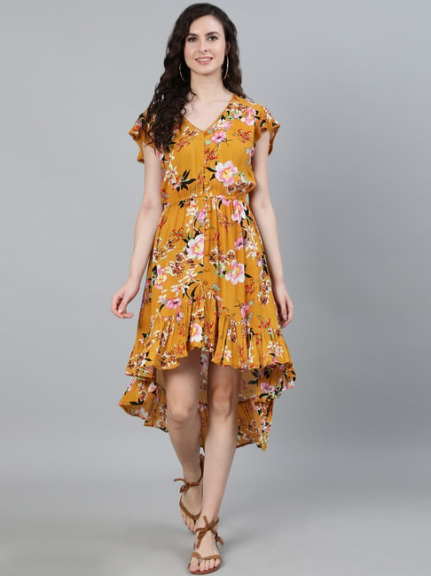 Ishin Yellow Printed A-Line Dress Price in India