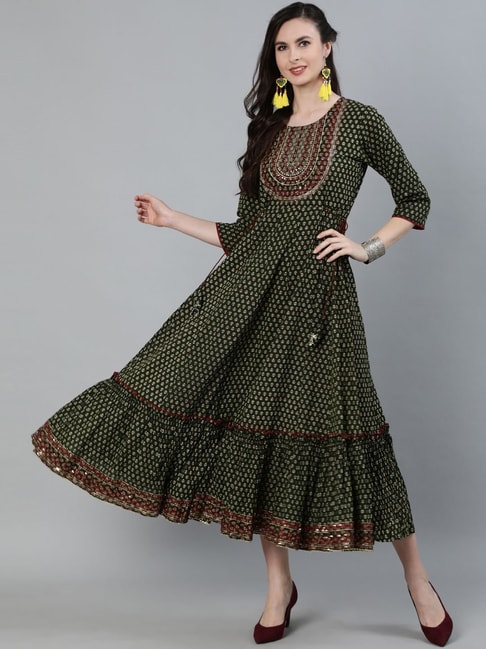 Ishin Green Cotton Embroidered Maxi Dress Price in India