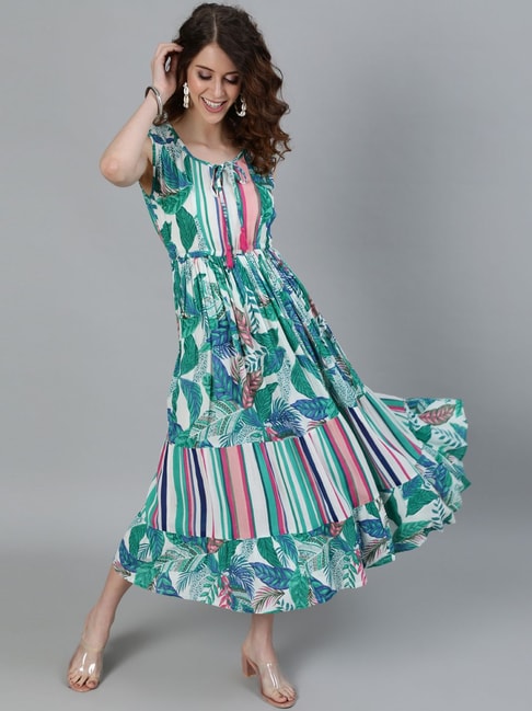 Ishin White & Green Printed A-Line Dress Price in India