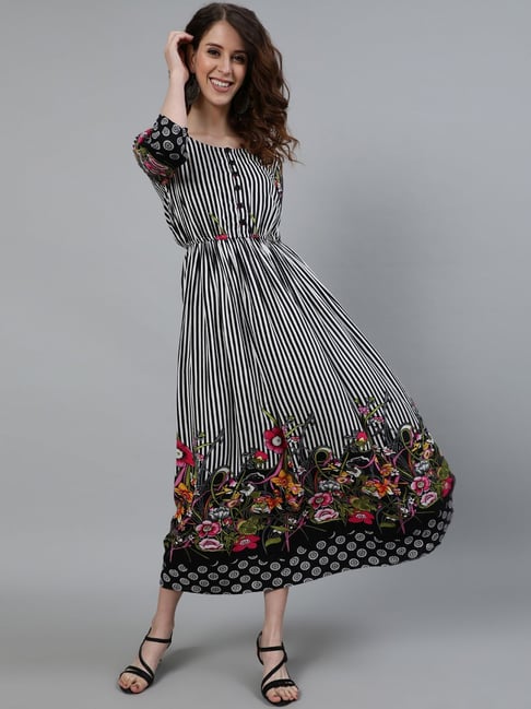 Ishin Black & White Striped Maxi Dress