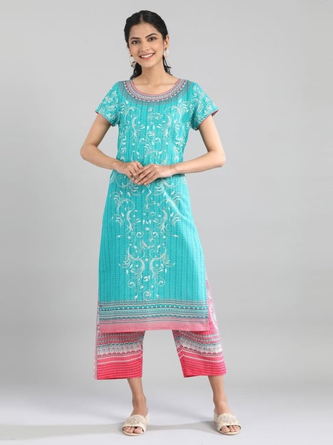 Aurelia Turquoise Cotton Printed Straight Kurta Price in India