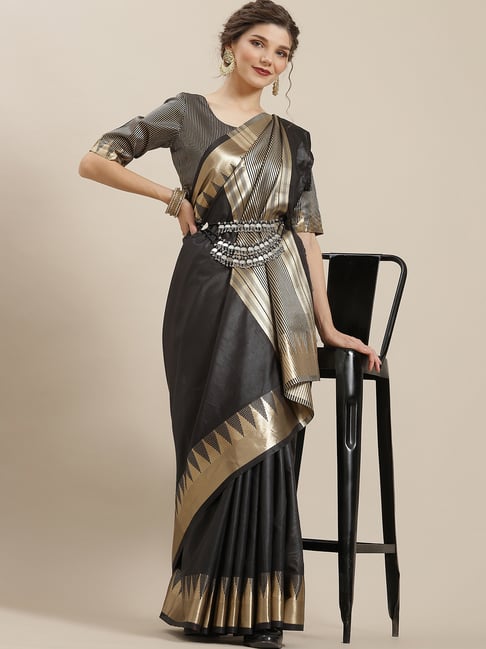 Aks Black Woven Saree Without Blouse