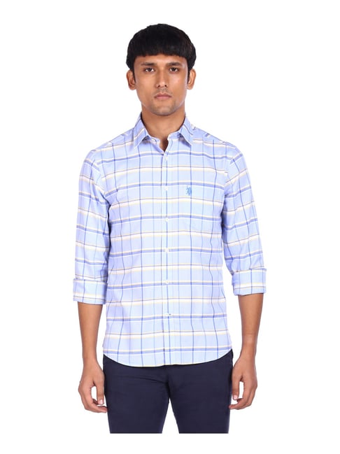 U S Polo Assn U.S. Polo Assn. Blue Cotton Regular Fit Checks Shirt