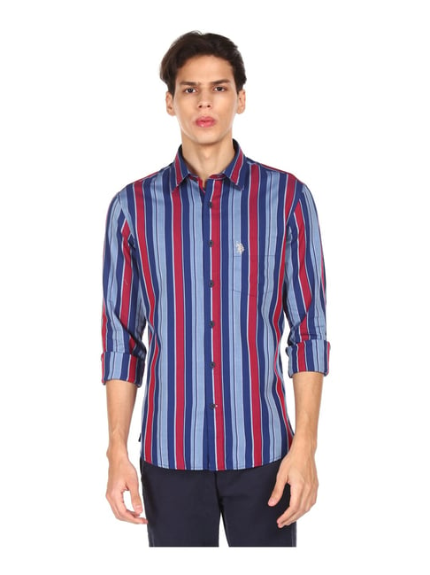 U S Polo Assn U.S. Polo Assn. Blue & Red Cotton Regular Fit Striped Shirt