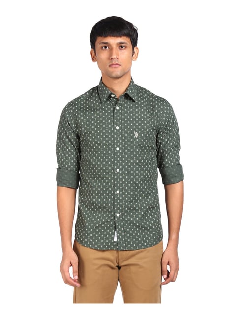 U S Polo Assn U.S. Polo Assn. Olive Green Cotton Regular Fit Printed Shirt