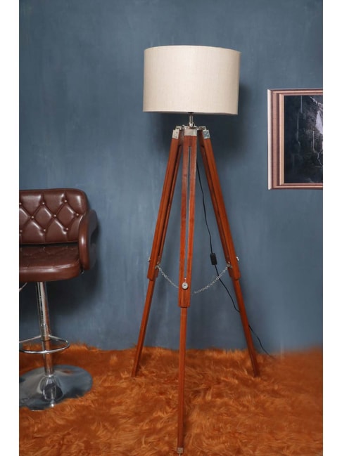 Brown Wood Tripod Floor Lamp, Wooden Tripod Floor Lamp Navy Shade