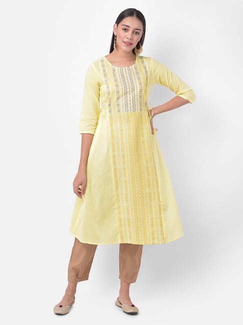 Span Yellow Cotton Printed A Line Kurta