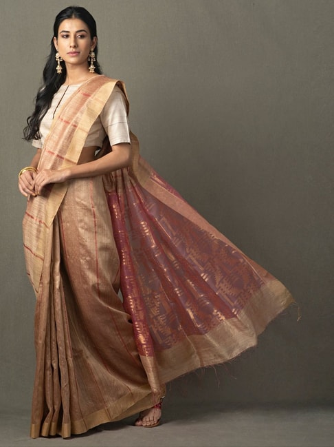 Fabindia Beige Printed Saree With Unstitched Blouse Price in India