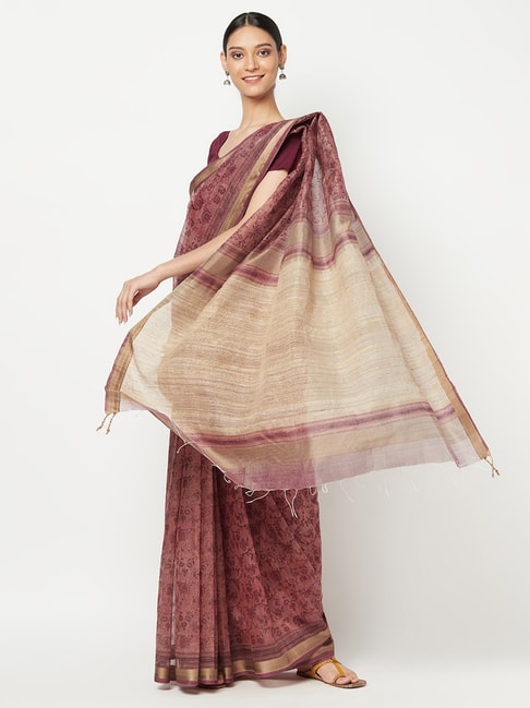 Fabindia Peach & Maroon Printed Saree With Unstitched Blouse Price in India