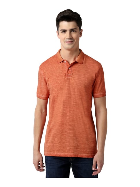 Peter England Orange Cotton Regular Fit Self Pattern Polo T-Shirt