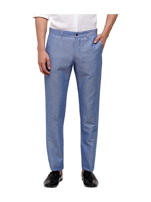 Buy Blue Mid Rise Slim Fit Trousers Online In India