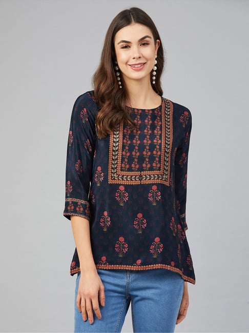 Orchid Blues Navy Cotton Printed Tunic Price in India