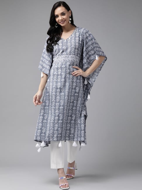 Yufta Women Grey & Off white Printed Kaftan Kurta Price in India