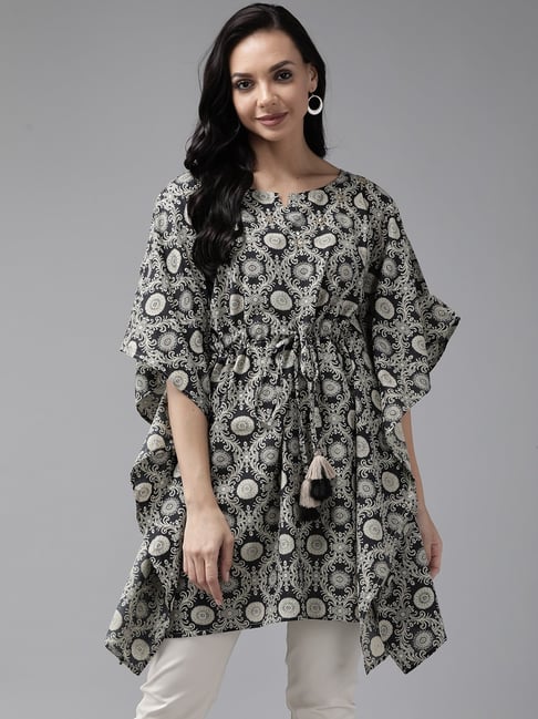 Yufta Women Black & Beige Printed Kaftan Kurta Price in India