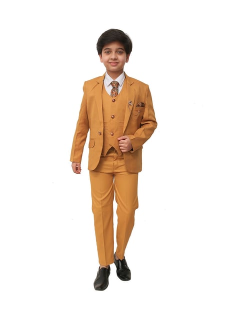 Ahhaaaa Kids Yellow Solid Coat, Waistcoat, Shirt, Pants with Tie-picture-23