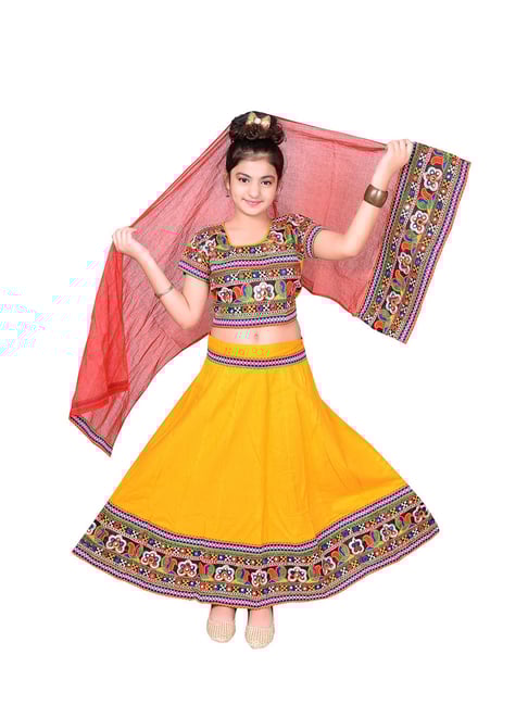Ahhaaaa Kids Yellow & Red Embroidered Choli, Lehenga with Dupatta-picture-15