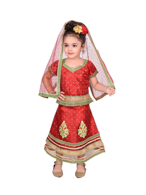 Ahhaaaa Kids Maroon Embroidered Choli, Lehenga with Dupatta-picture-34