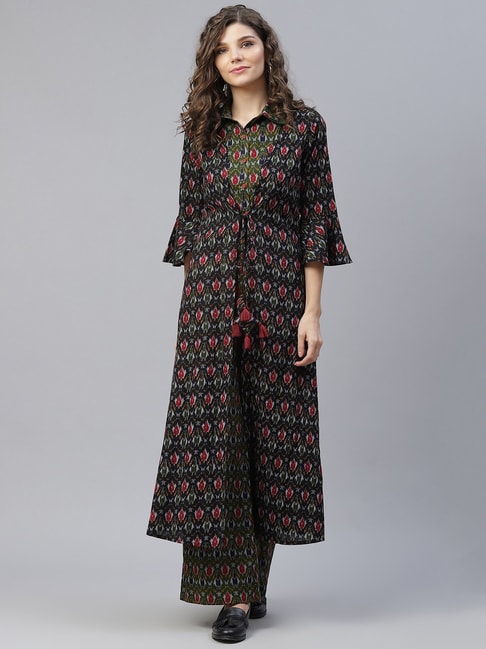 Aks Black & Green Printed Top & Palazzo Set With Jacket Price in India