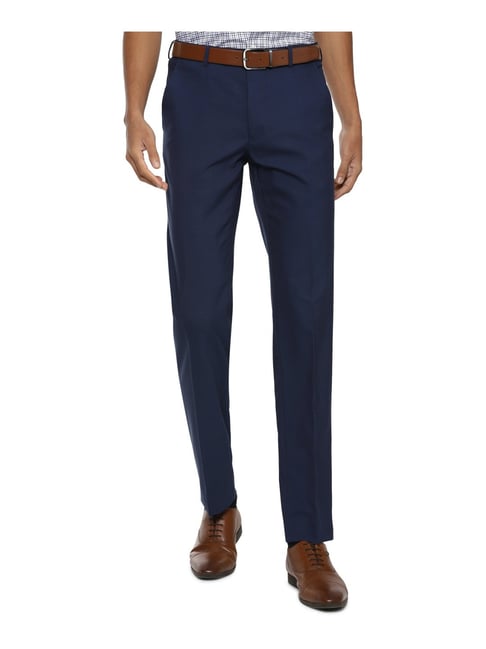 Van Heusen Navy Slim Fit Checks Flat Front Trousers