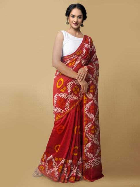 Unnati Silks Red Pure Batik Chanderi Sico Saree With Blouse Price in India