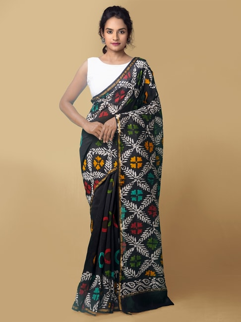 Unnati Silks Black Pure Batik Chanderi Sico Saree With Blouse Price in India