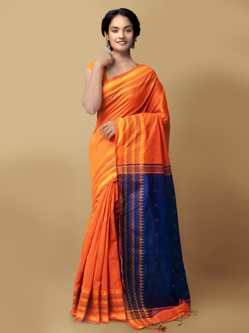 Unnati Silks Orange Pure Handloom Bengal Linen Saree With Blouse Price in India