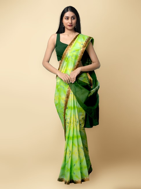 Unnati Silks Green Pure Shibori Cotton Saree With Blouse Price in India