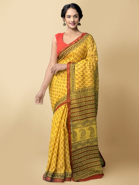 Unnati Silks Yellow Pure Preet Bagru Mulmul Cotton Saree With Blouse Price in India