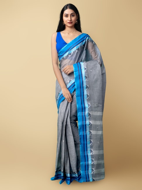 Unnati Silks Grey Pure Handloom Tant Bengal Cotton Saree With Blouse Price in India