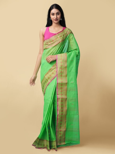 Unnati Silks Green Pure Handloom Tant Bengal Cotton Saree With Blouse Price in India