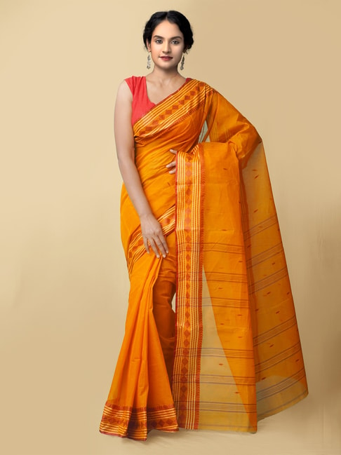 Unnati Silks Orange Pure Handloom Tant Bengal Cotton Saree With Blouse Price in India