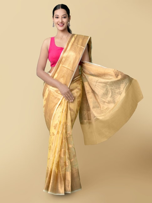 Unnati Silks Yellow Pure Kota Banarasi Saree With Blouse Price in India