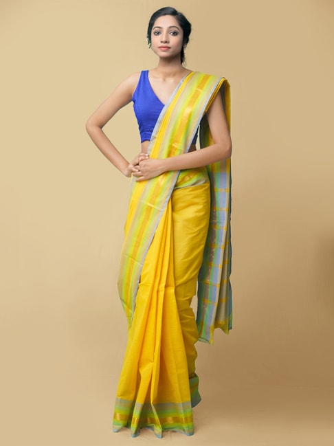 Unnati Silks Yellow Pure Pavani Mangalagiri Cotton Saree With Blouse Price in India