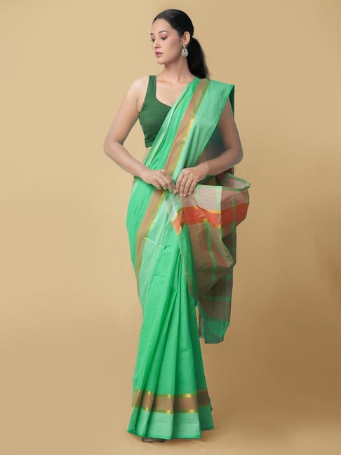 Unnati Silks Green Pure Pavani Mangalagiri Cotton Saree With Blouse Price in India