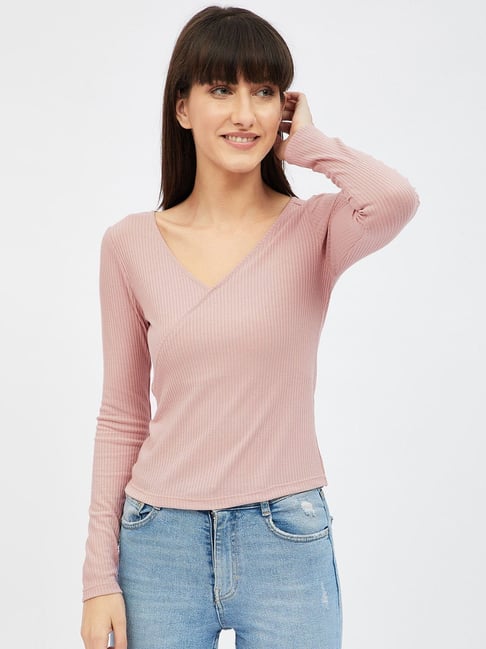 Buy Harpa Pink Square Neck Long Sleeves Self Design Casual Top online