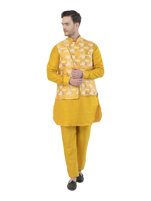 Shop Mustard and Yellow Mehndi Cotton Kurta Payjama With Jacket Online :  266100 -