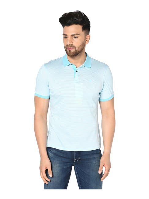 Blackberrys Sky Blue Cotton Slim Fit Striped Polo T-Shirt