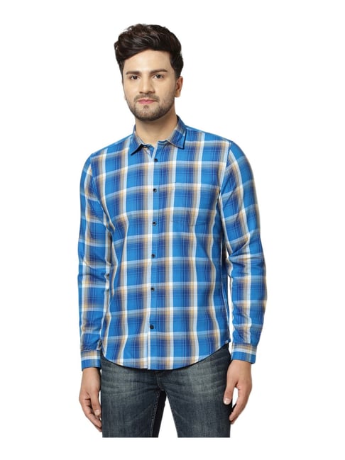 Blackberrys Blue Cotton Slim Fit Checks Shirt