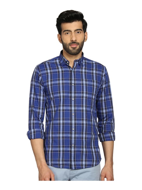 Blackberrys Blue Cotton Slim Fit Checks Shirt