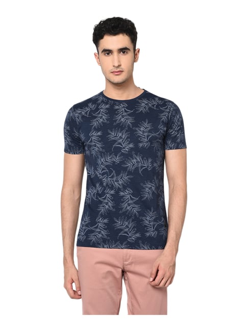 Blackberrys Navy Cotton Slim Fit Floral Print T-Shirt