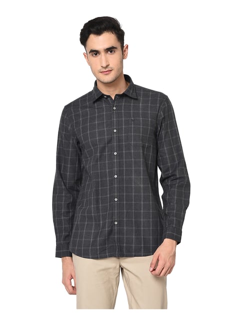 Blackberrys Dark Grey Cotton Slim Fit Checks Shirt