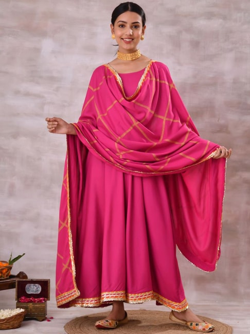 Rustorange Pink Printed Kurta Dress with Dupatta Price in India
