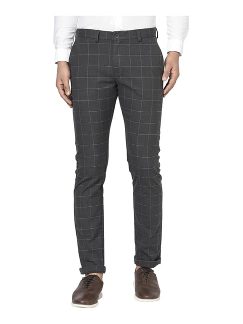 Blackberrys Dark Grey Cotton Slim Fit Checks Trousers