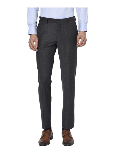 Blackberrys Dark Grey Slim Fit Checks Flat Front Trousers