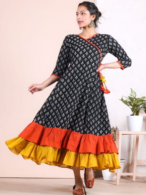 Rustorange Black Printed Angrakha Dress Price in India