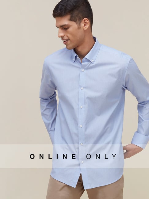 Buy Ascot Luxury by Westside Blue Fine Striped Relaxed Fit Shirt Online ...